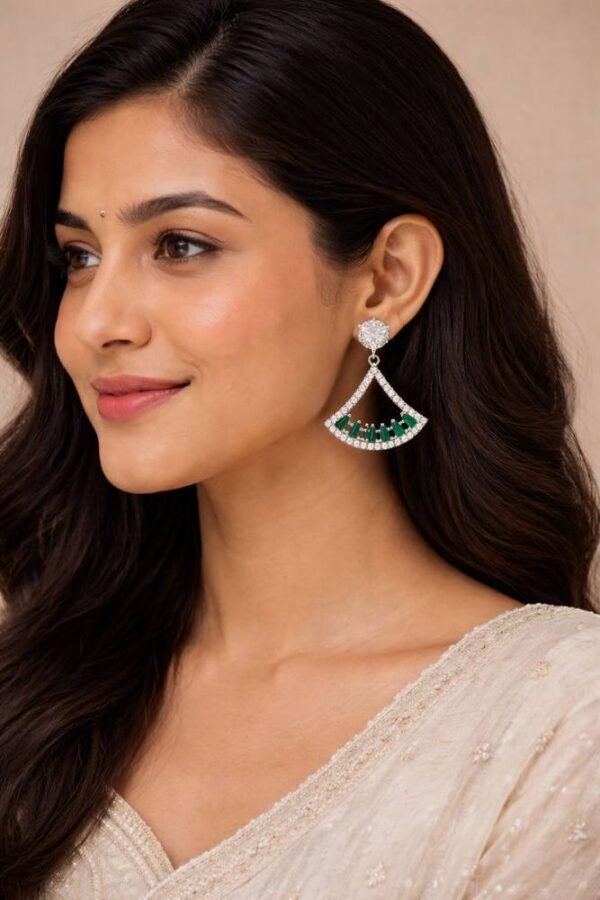 Hallmark 925 Sterling Silver Green CZ Fan Drop Earrings for Women