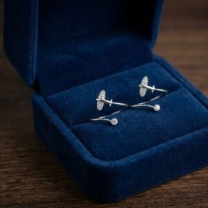 Delicate silver airplane open toe ring with cubic zirconia