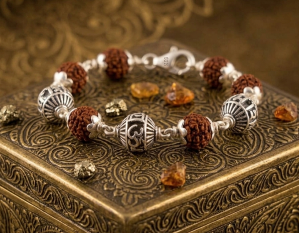 925 Silver Om and Rudraksha Beads Bracelet for men